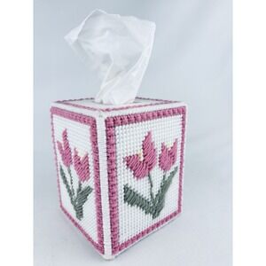 Vintage Knitted Stitched Crochet Pink Floral Tissue Box Cover Handmade Tulip
